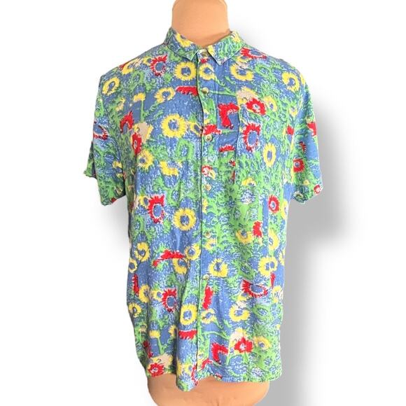 Rolla’s Abstract Sunflower Print Shirt Blue Green Yellow Floral Short Sleeve - Picture 1 of 8